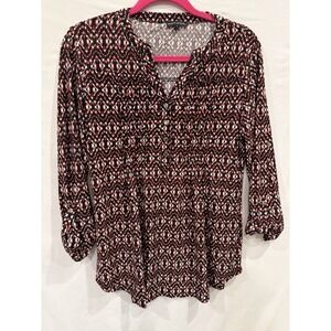 Ava & Grace Womens Top Small Black Red Geometric V-Neck Roll Tab Sleeve Blouse S